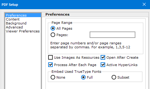 The Preferences screen in the PDF Setup dialog
